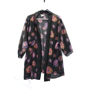Mudd Sheer Kimono Cardigan Black Fireworks Print Open Front Boho Top Cover up